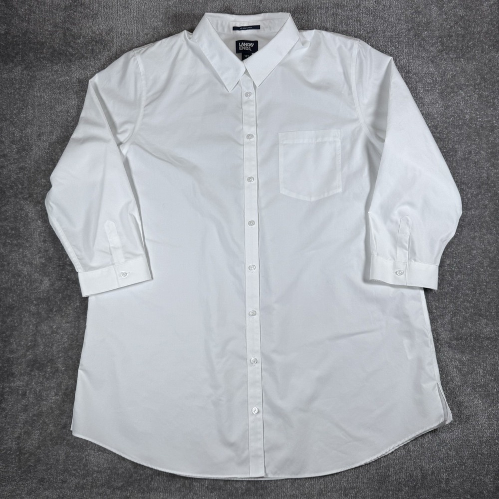 Lands' End Shirt Women's 18T White 3/4 Sleeve Button Up Classic Career Office